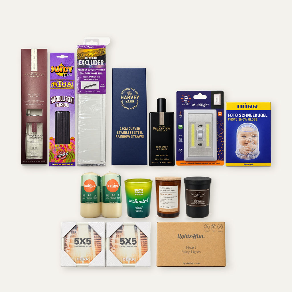 The Home Box – all 15 homeware products: Pecksniff's diffuser, room spray and candles, aroma & bliss candle, Bolsius candles, Lights4fun lights and more