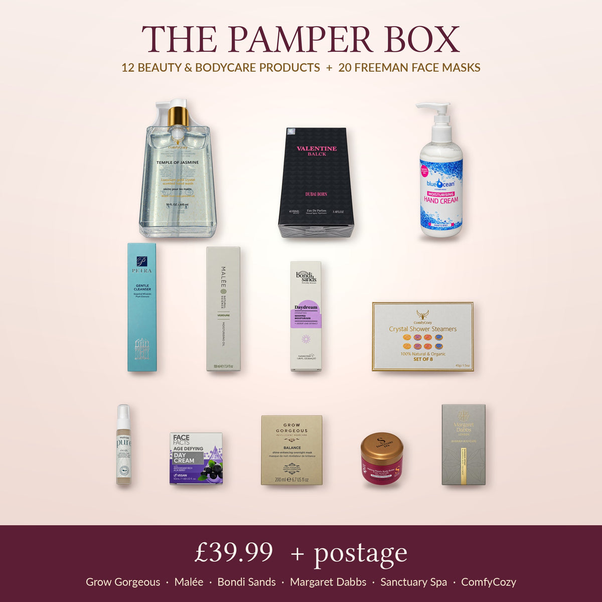 The Pamper Box – 12 beauty and bodycare products plus 20 Freeman face masks, £39.99