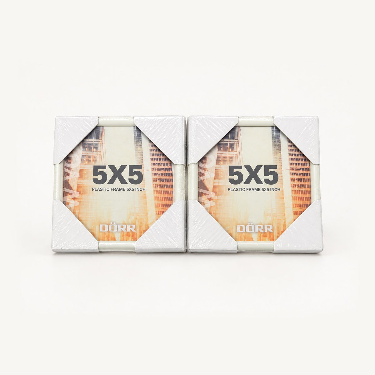 Two DÖRR 5x5 inch white plastic photo frames