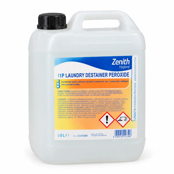 Zenith 11P Laundry Destainer Peroxide 10L – studio image of the actual stock