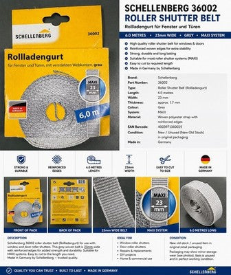 Schellenberg Roller Shutter Belt 23mm x 6m Grey Blind Strap 36002 MAXI