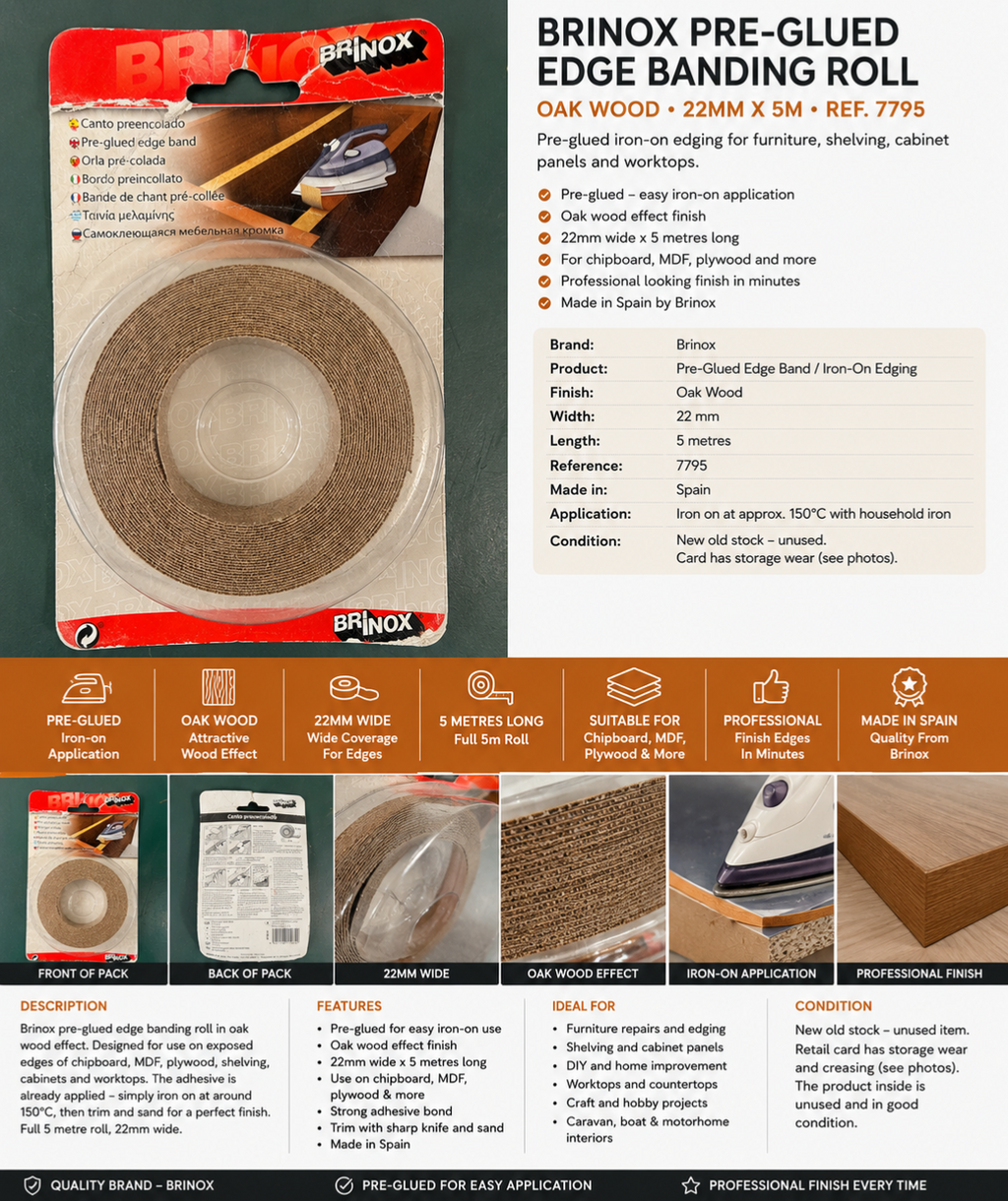 Brinox Pre-Glued Oak Wood Edge Banding 22mm x 5m Iron-On Furniture Edging