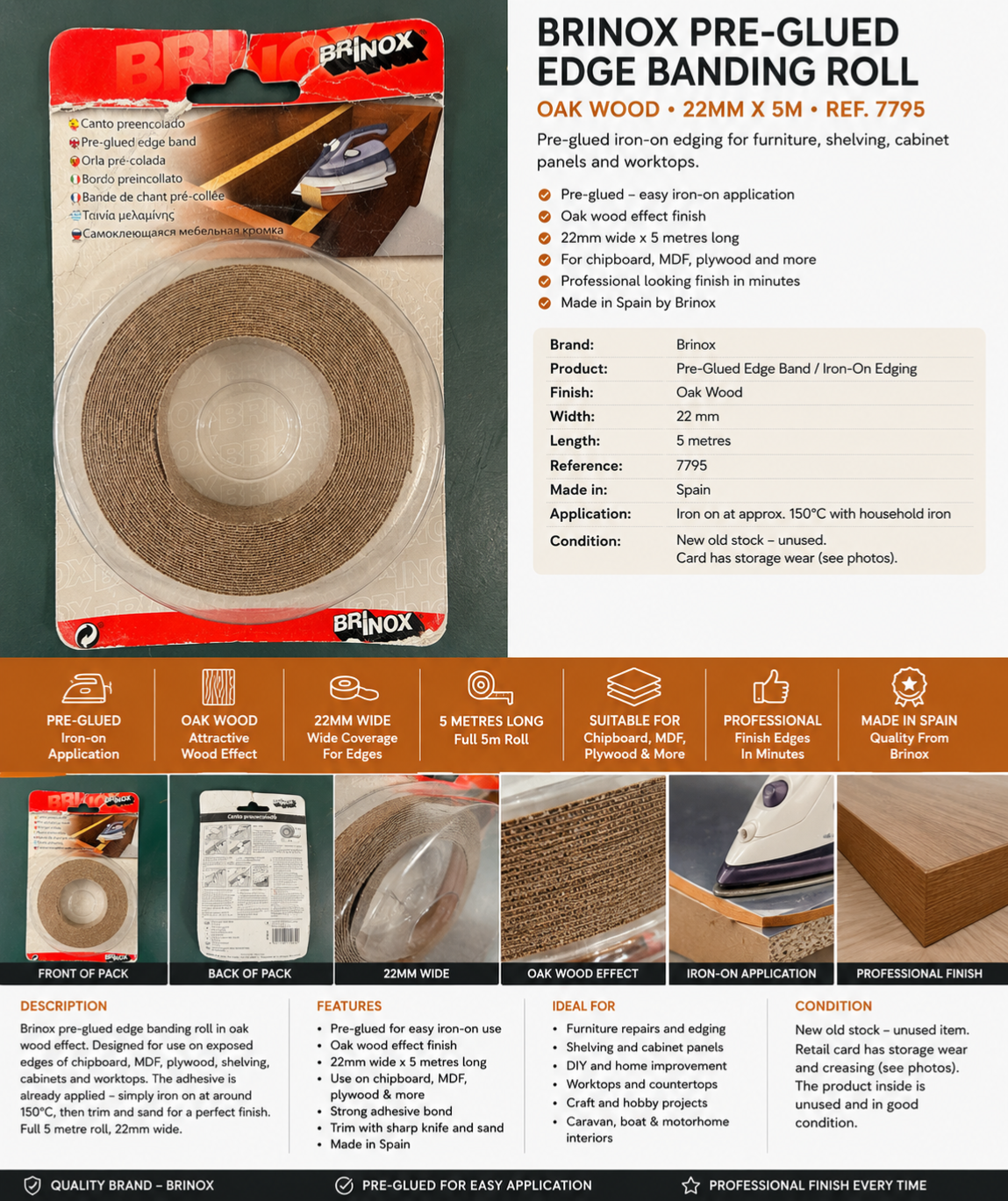 Brinox Pre-Glued Oak Wood Edge Banding 22mm x 5m Iron-On Furniture Edging