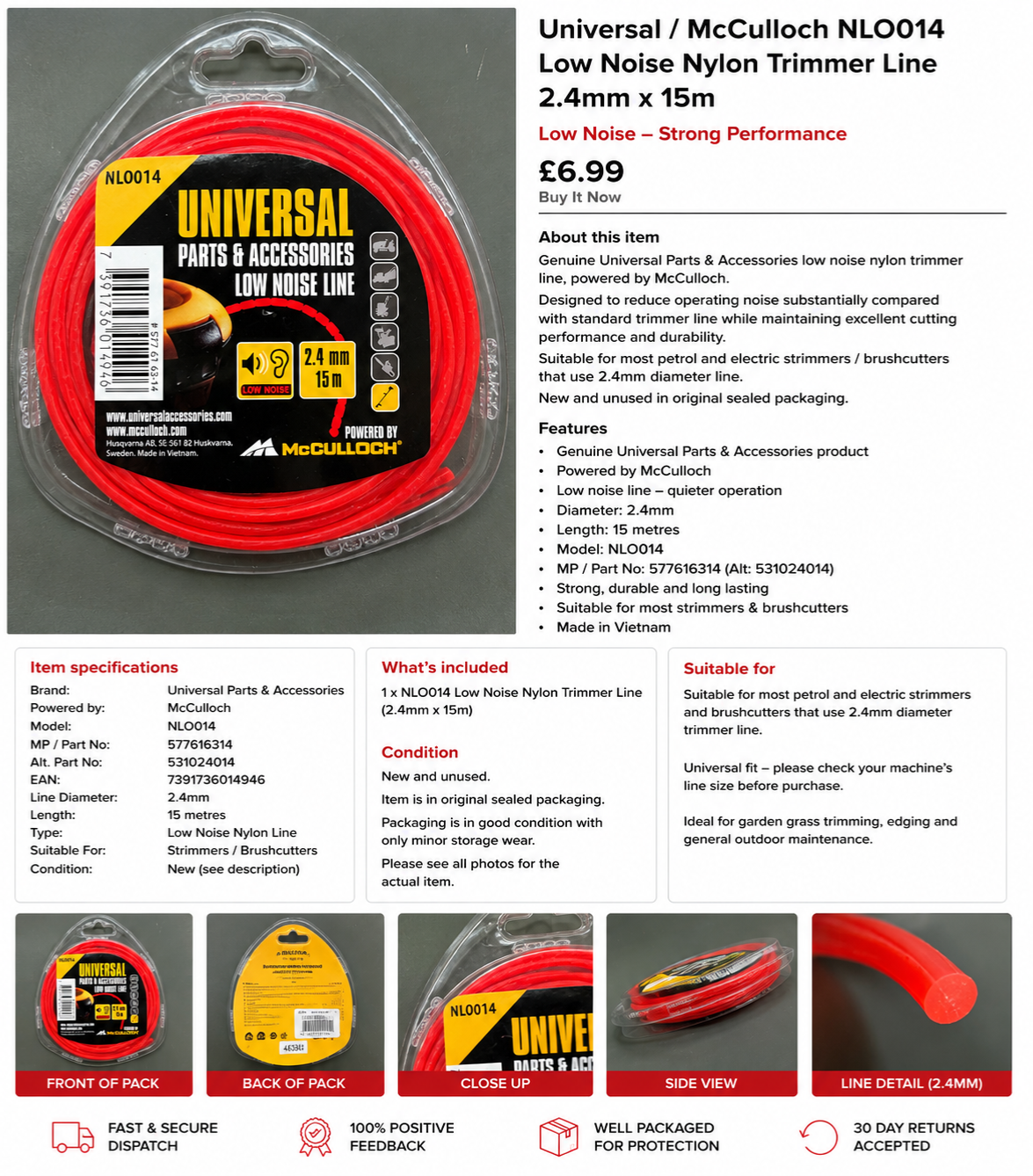 McCulloch NLO014 Low Noise Trimmer Line 2.4mm x 15m Universal Strimmer Line