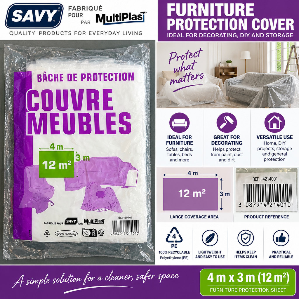 Savy Furniture Dust Sheet 4m x 3m 12m² Clear Polythene Decorating Cover 4214001