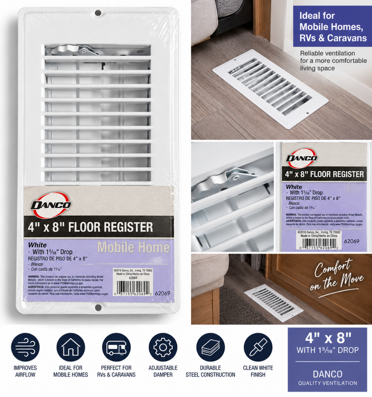 DANCO 62069 Mobile Home RV Floor Register Vent 4 x 8 White Steel 1-5/16 Drop
