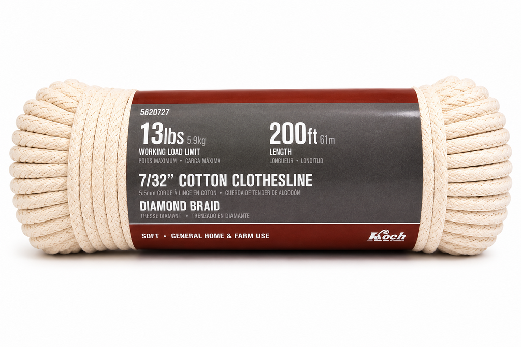 Koch 200ft 61m Cotton Clothesline 7/32” Diamond Braid Home Garden Farm Rope