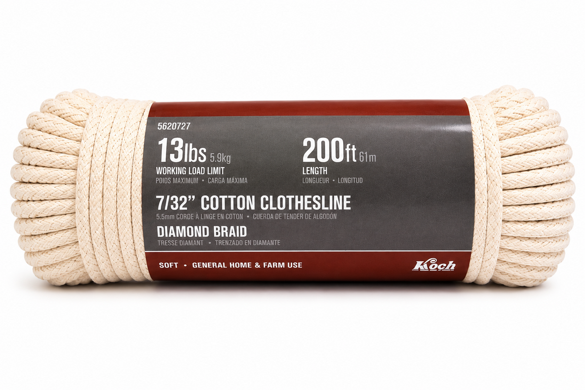 Koch 200ft 61m Cotton Clothesline 7/32” Diamond Braid Home Garden Farm Rope