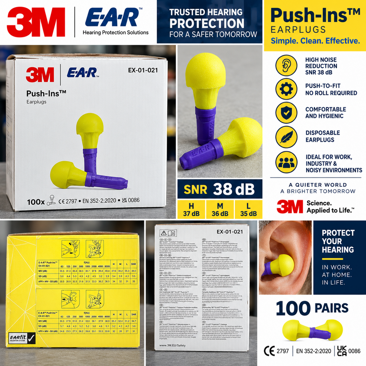 3M E-A-R Push-Ins Earplugs EX-01-021 100 Pairs SNR 38dB Hearing Protection
