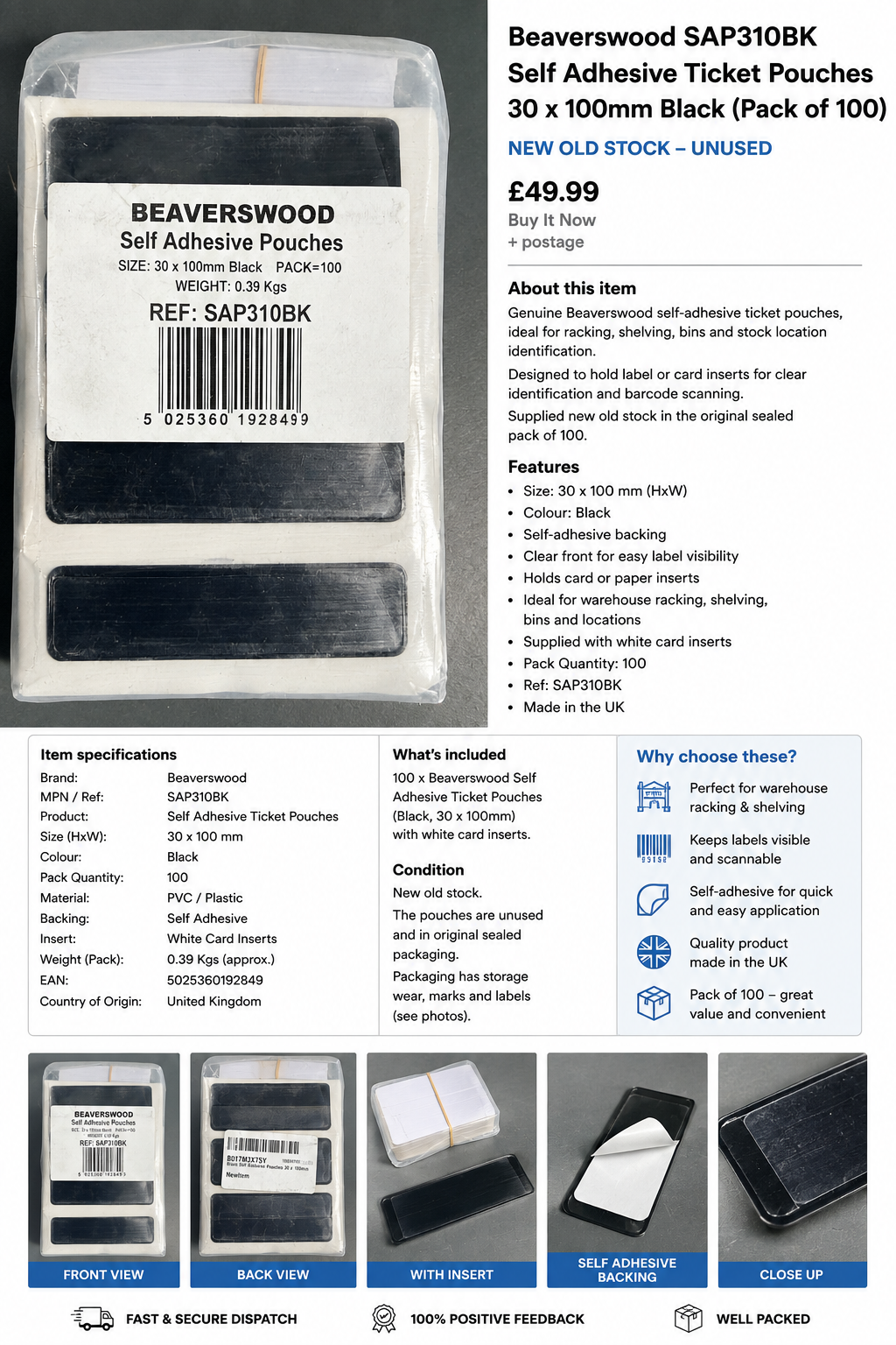 Beaverswood SAP310BK Self Adhesive Ticket Pouches 30 x 100mm Black Pack 100