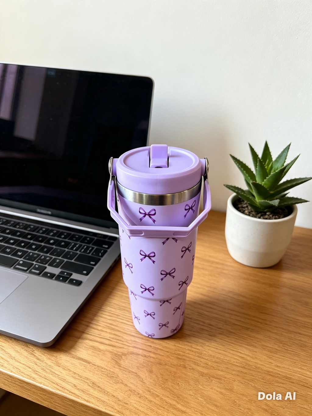 Purple Bow Insulated Travel Tumbler 600–800ml Hot Cold Mug With Handle