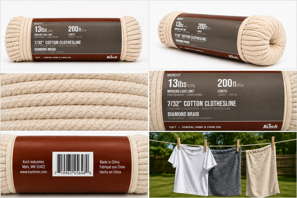 Koch 200ft 61m Cotton Clothesline 7/32” Diamond Braid Home Garden Farm Rope