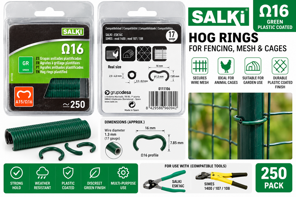 Salki Ω16 Green Hog Rings 17 Gauge Plastic Coated Fence Staples 250 Pack