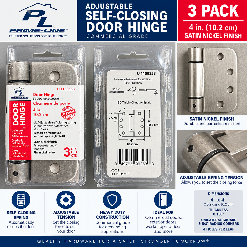 Prime-Line U1159353 Self Closing Spring Door Hinges 4” Satin Nickel 3 Pack