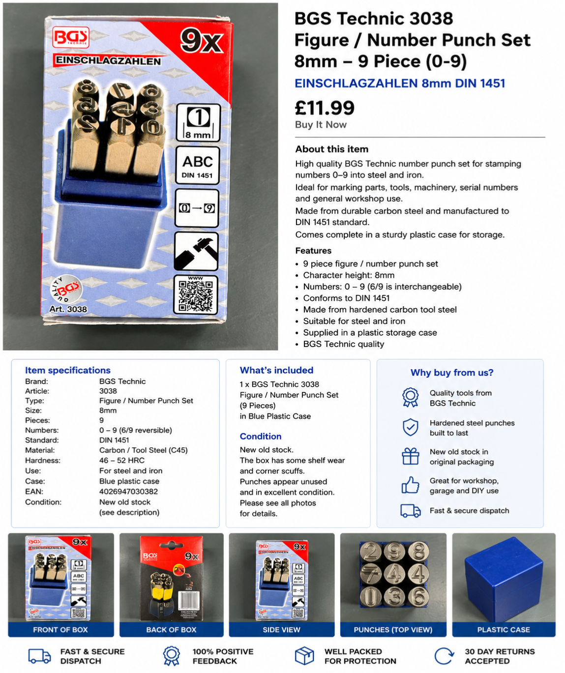 BGS Technic 3038 Number Punch Set 8mm 9pc Steel Figure Stamps DIN 1451