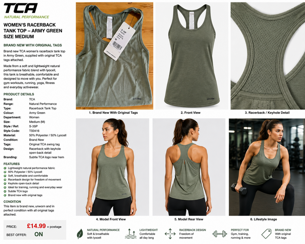 TCA Women’s Natural Performance Racerback Tank Army Green Medium Brand New