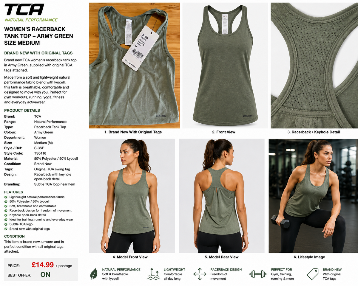 TCA Women’s Natural Performance Racerback Tank Army Green Medium Brand New