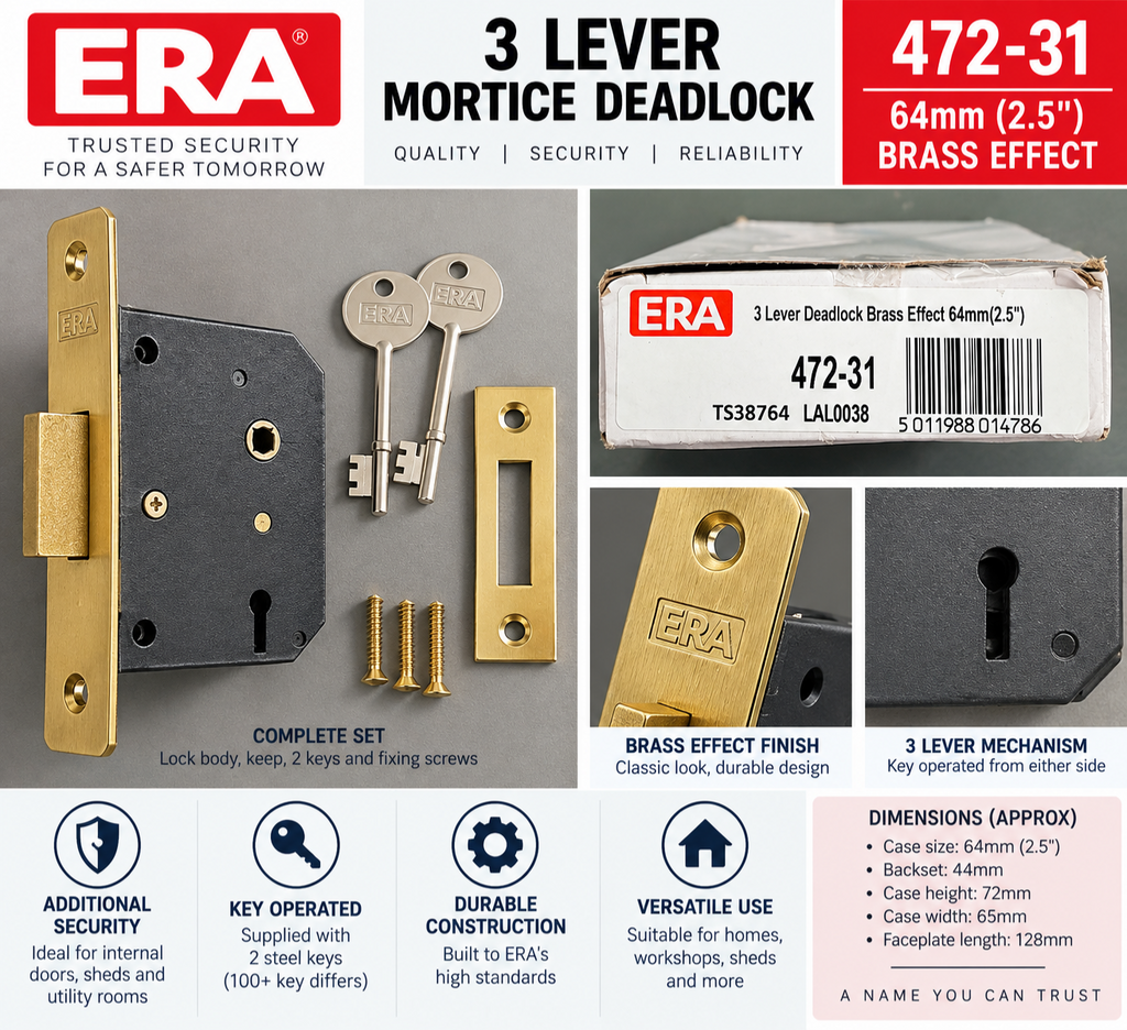 ERA 472-31 3 Lever Mortice Deadlock 64mm 2.5in Brass Effect Door Lock