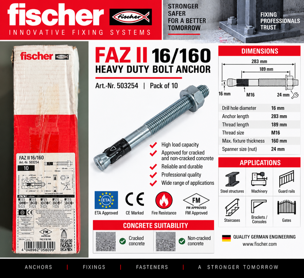 Fischer FAZ II 16/160 M16 Heavy Duty Bolt Anchors 283mm 10 Pack 503254