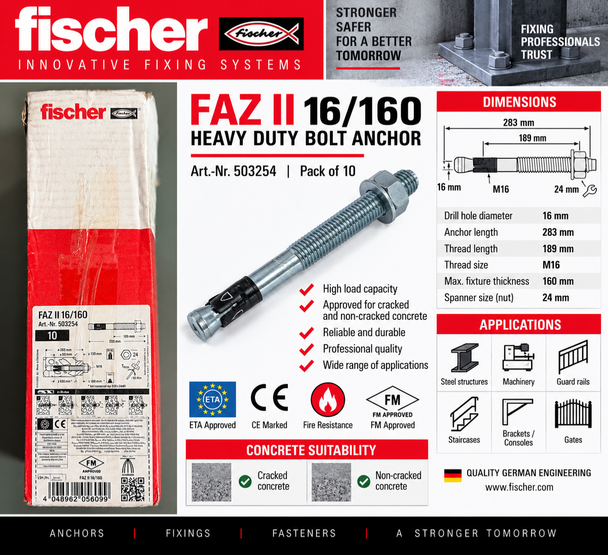 Fischer FAZ II 16/160 M16 Heavy Duty Bolt Anchors 283mm 10 Pack 503254