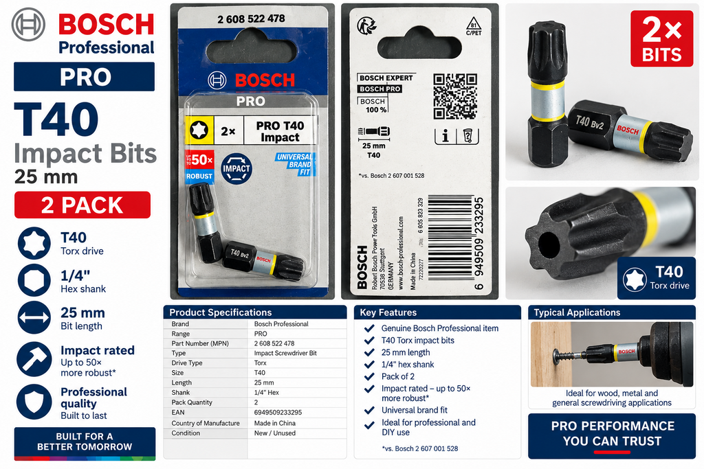 Bosch PRO T40 Impact Torx Bits – 25mm – Pack of 2