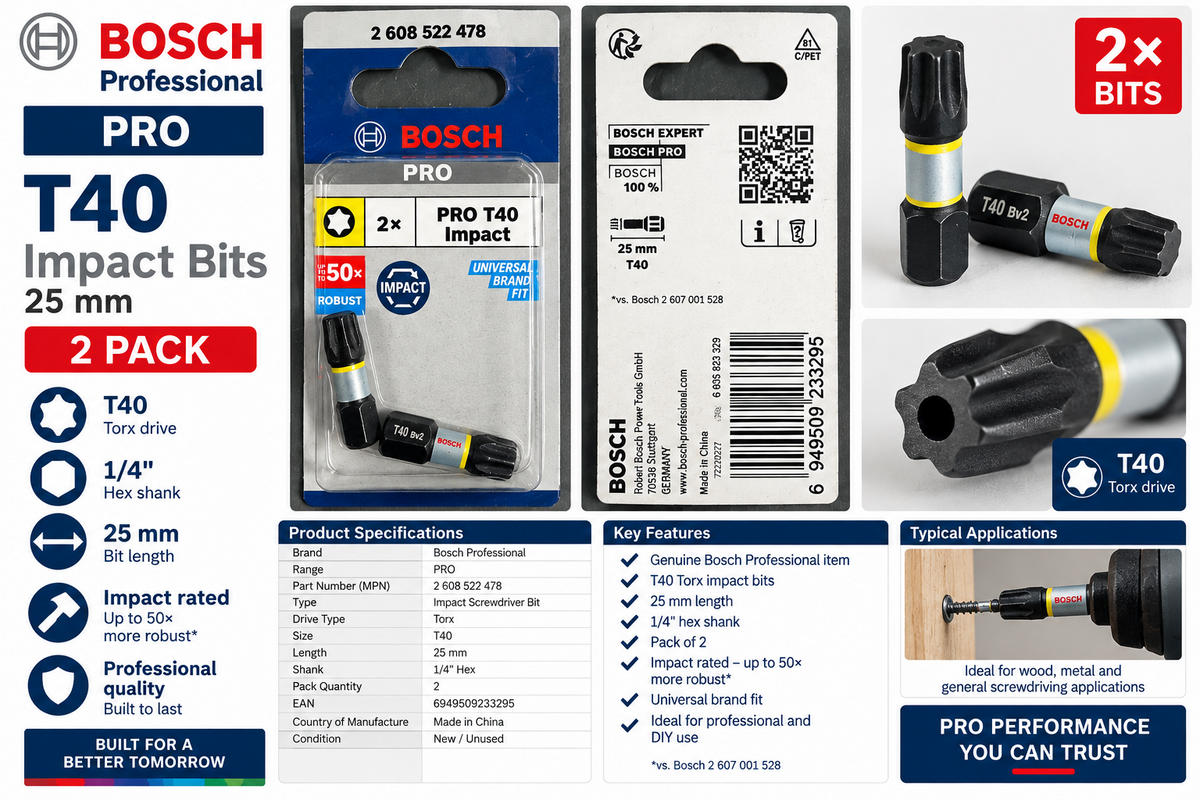 Bosch PRO T40 Impact Torx Bits – 25mm – Pack of 2