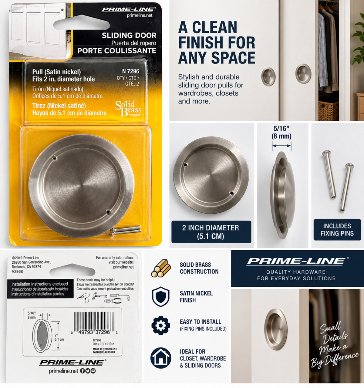 Prime-Line N7296 Sliding Door Pulls – 2in, Satin Nickel, Pack of 2