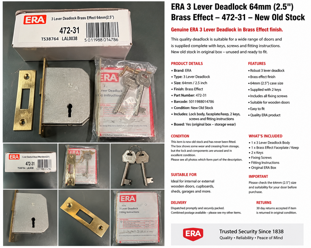 ERA 3 Lever Deadlock 64mm 2.5in Brass Effect 472-31 New Old Stock With Keys