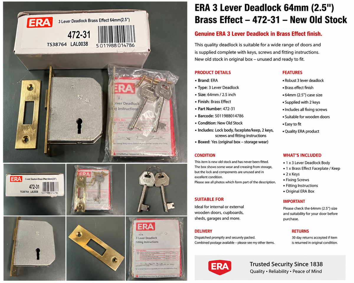 ERA 3 Lever Deadlock 64mm 2.5in Brass Effect 472-31 New Old Stock With Keys