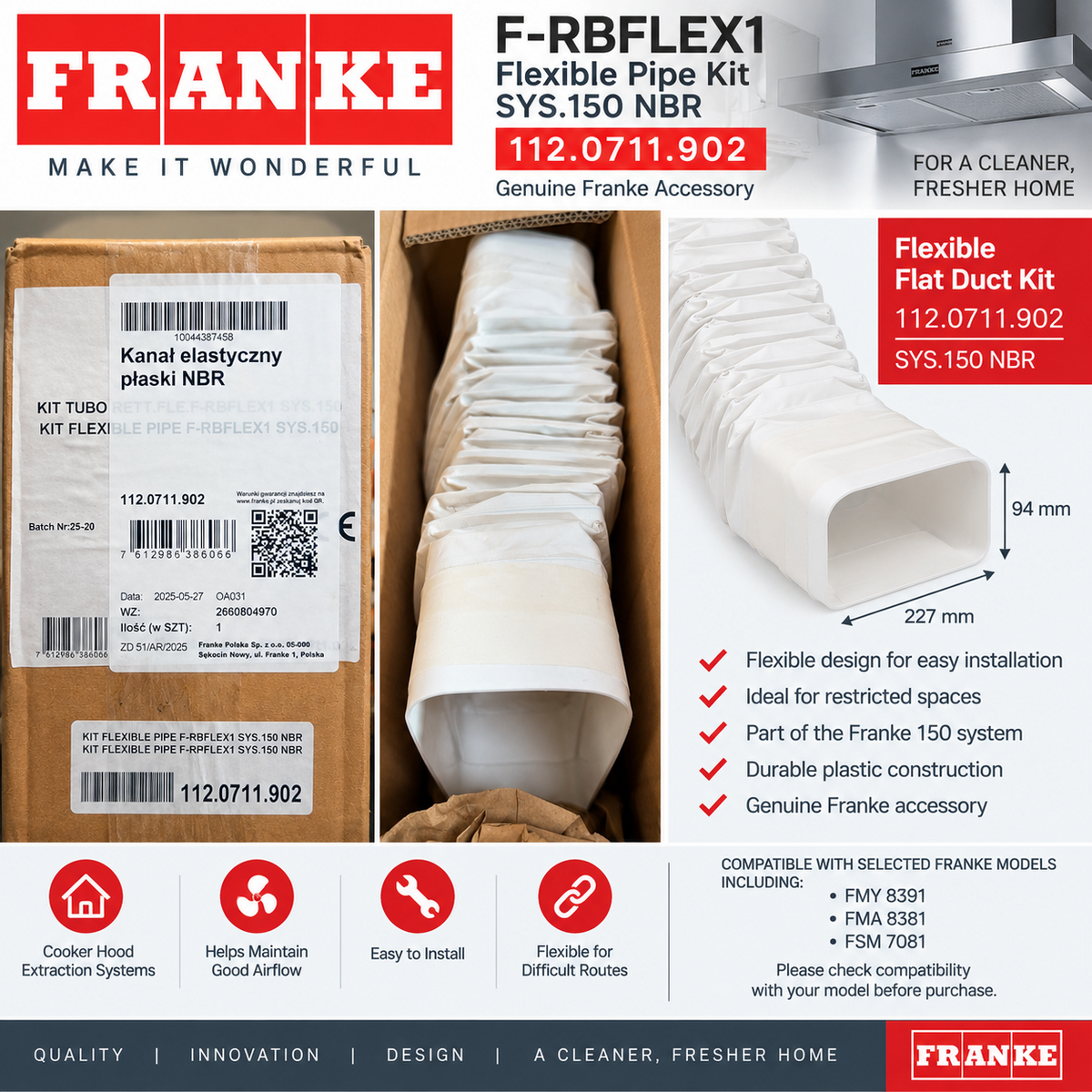 Franke 112.0711.902 F-RBFLEX1 Flexible Flat Duct Pipe Kit 150mm Extractor