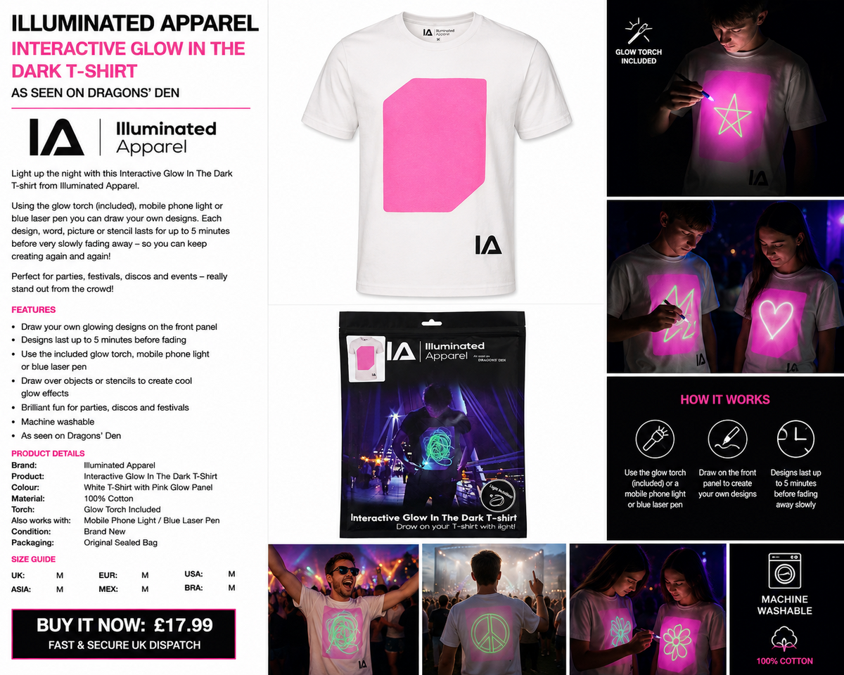Illuminated Apparel Interactive Glow In The Dark T-Shirt White Pink Panel New