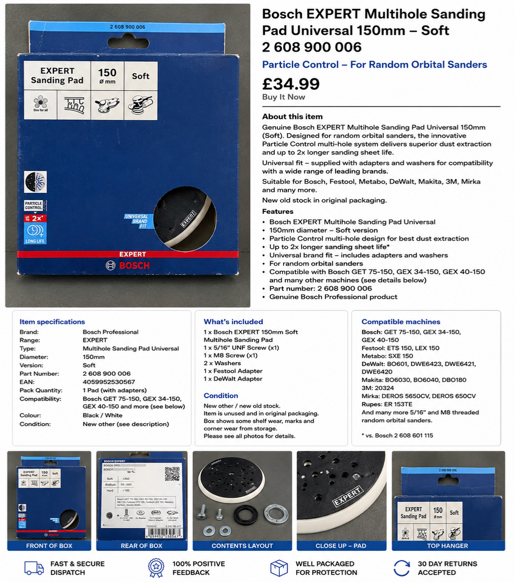 Bosch EXPERT 150mm Soft Multihole Sanding Pad 2608900006 GEX GET Festool Makita