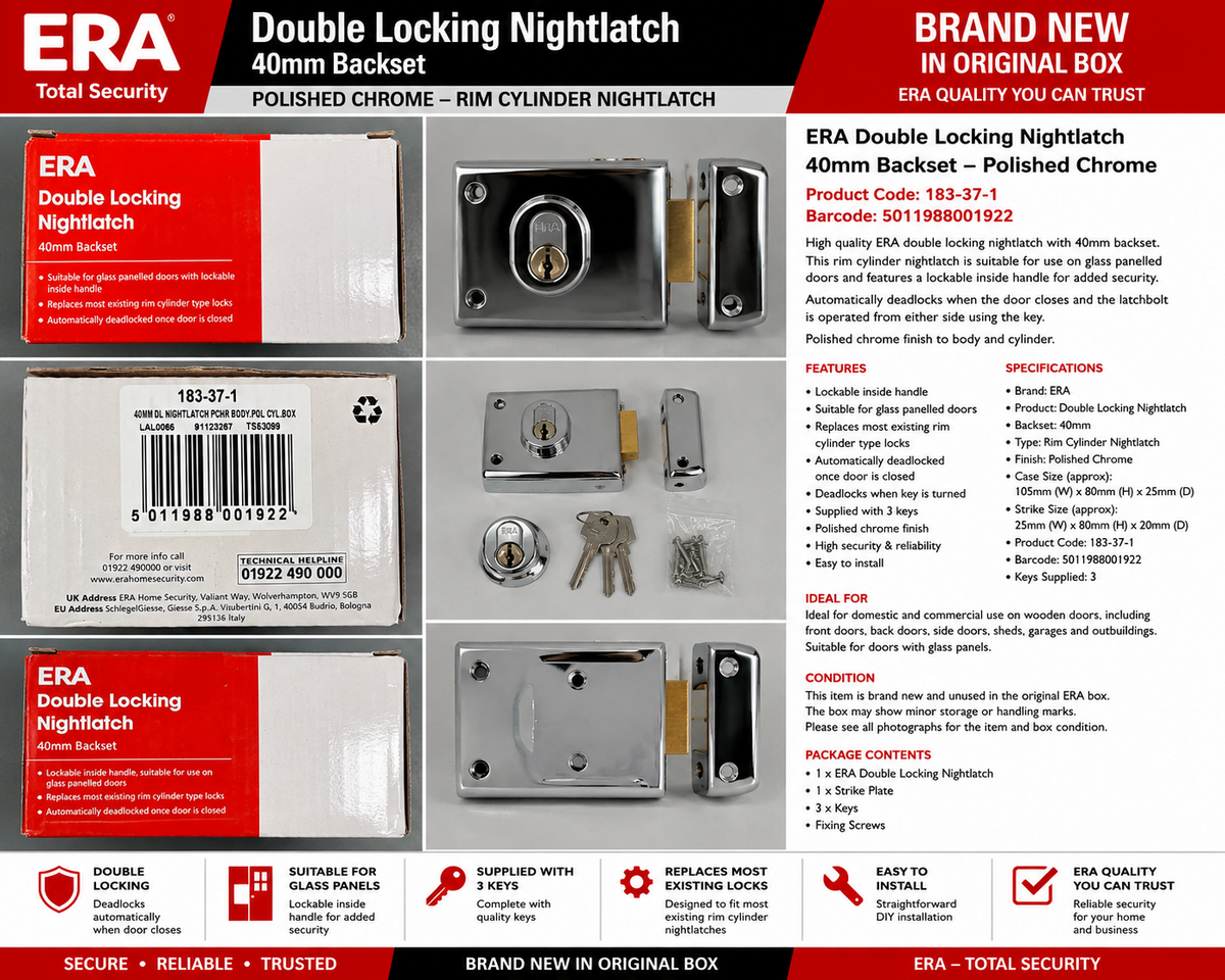 ERA Double Locking Nightlatch 40mm Backset Polished Chrome 183-37-1 Brand New