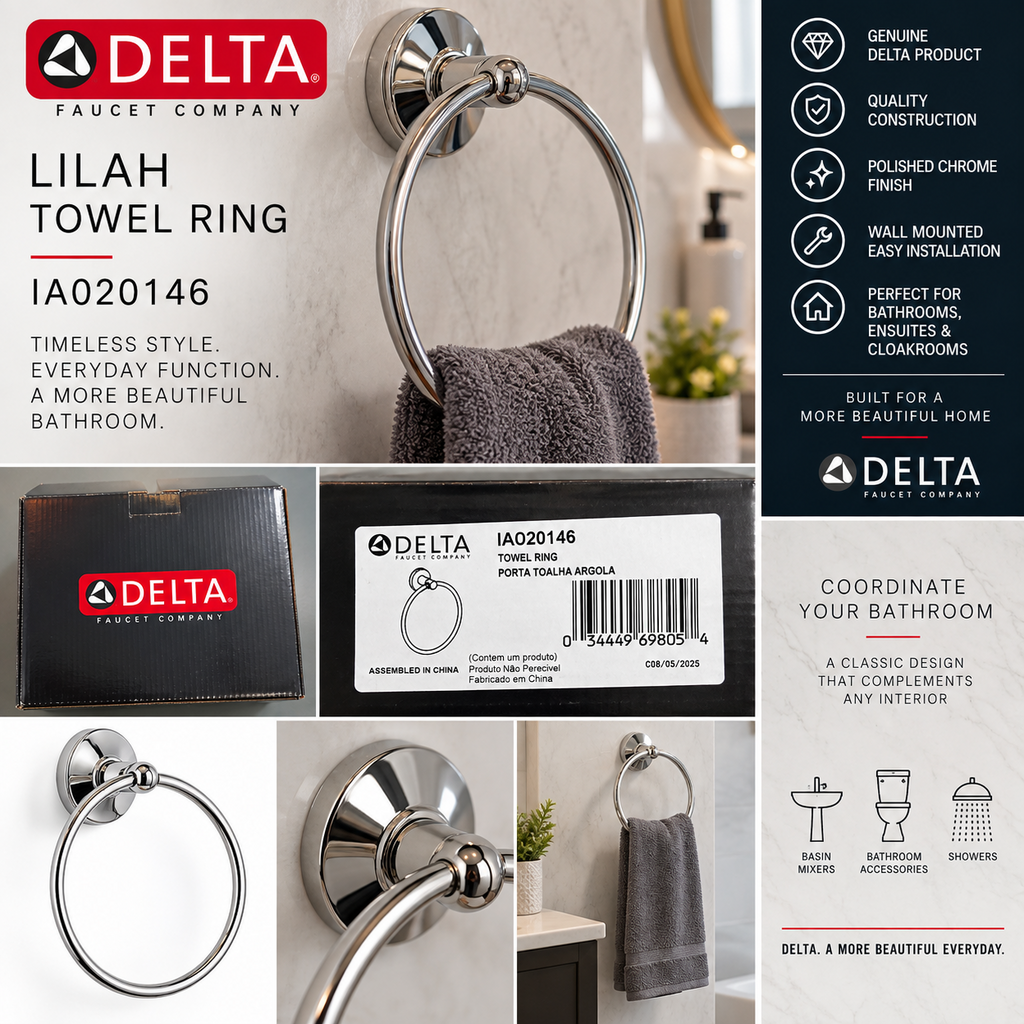 Delta Lilah IA020146 Chrome Towel Ring Wall Mounted Bathroom Genuine New