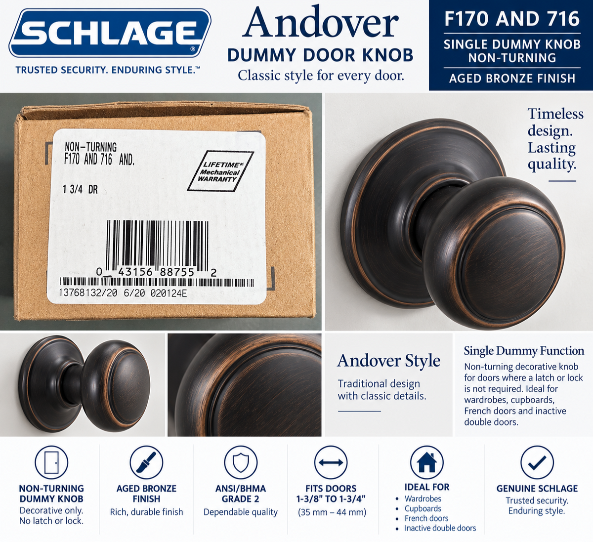 Schlage F170 AND 716 Andover Dummy Door Knob Aged Bronze Non Turning Handle