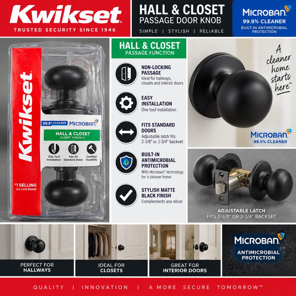 Kwikset Matte Black Hall Closet Passage Door Knob Microban Interior Door Handle