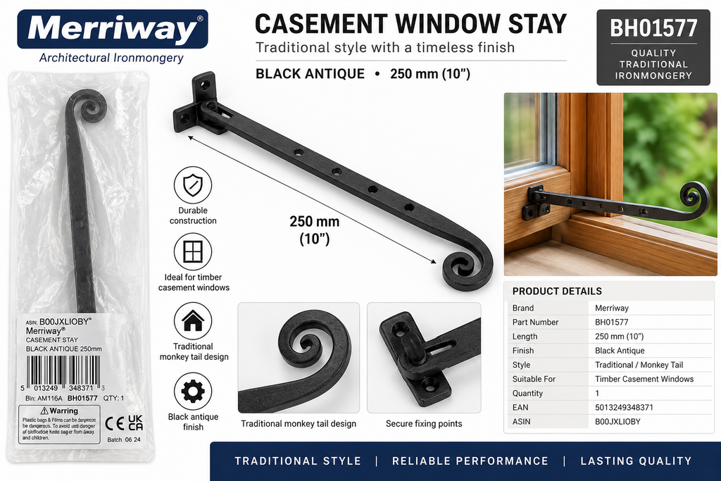 Merriway BH01577 250mm Black Antique Casement Window Stay Monkey Tail 10”