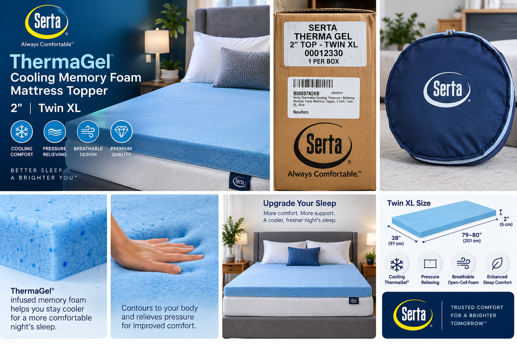 Serta ThermaGel 2” Cooling Memory Foam Mattress Topper Twin XL Blue 12330 New