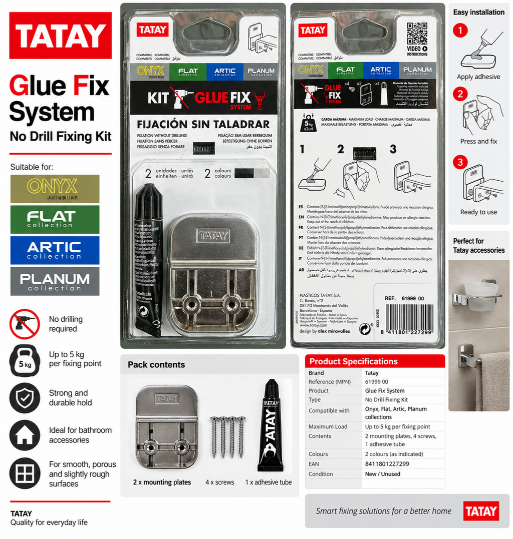 Tatay 6199900 Glue Fix No Drill Bathroom Accessory Mounting Kit 8411801227299