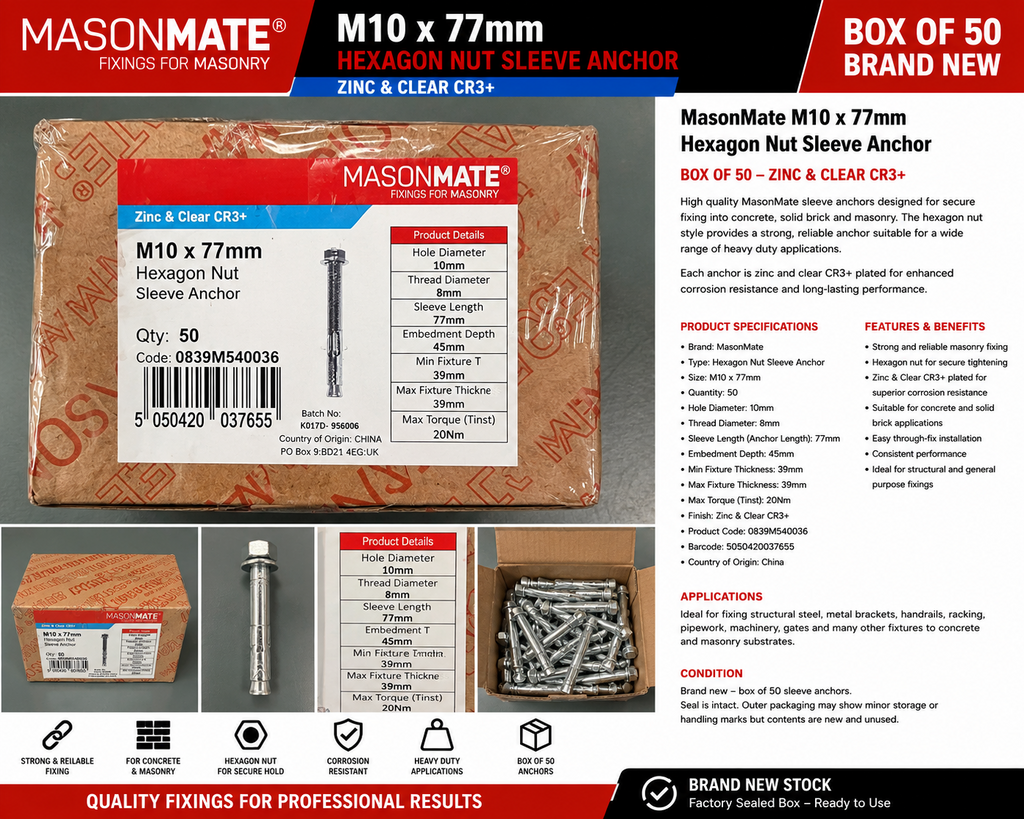 MasonMate M10 x 77mm Hex Nut Sleeve Anchors Zinc Masonry Fixings Box of 50