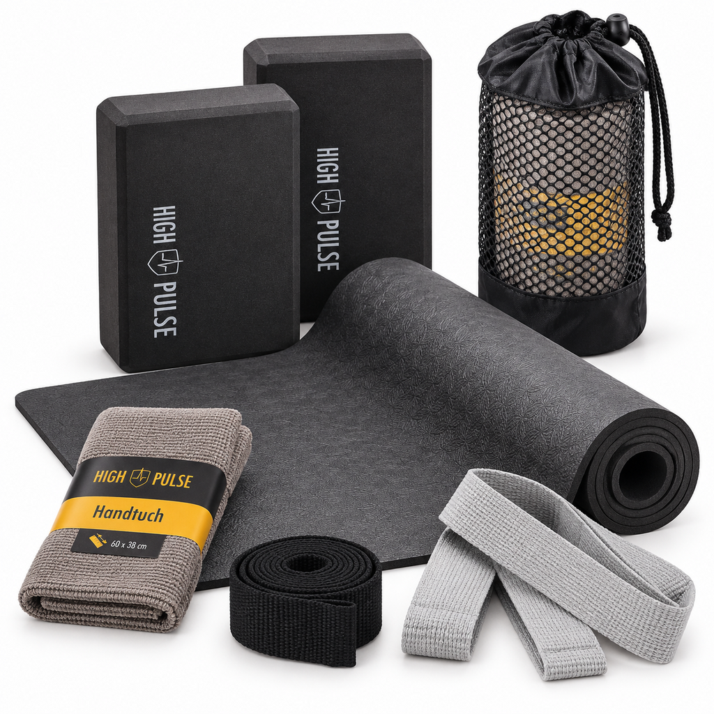 High Pulse 6 Piece Yoga Set Mat 2 Blocks Stretching Strap & Towels Fitness Kit