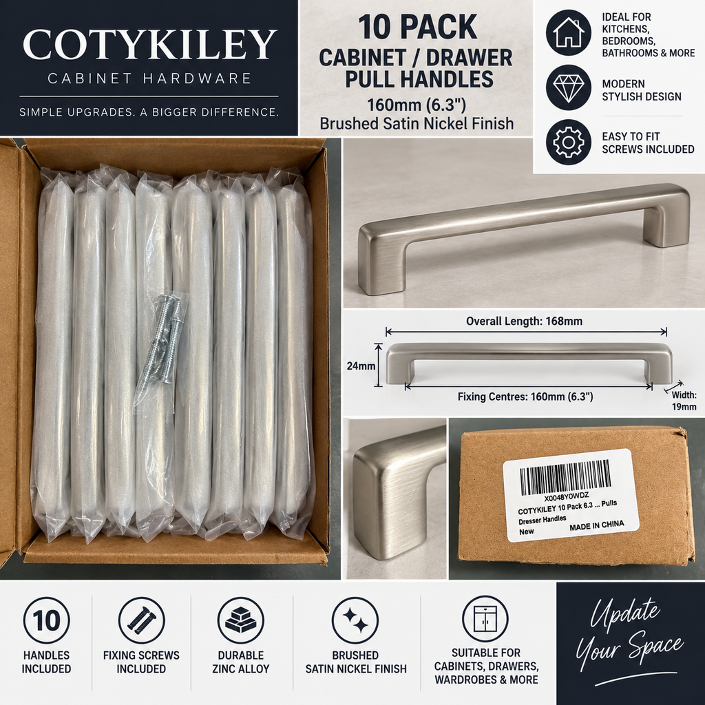 COTYKILEY 10 Pack 160mm Brushed Satin Nickel Cabinet Drawer Handles Pulls