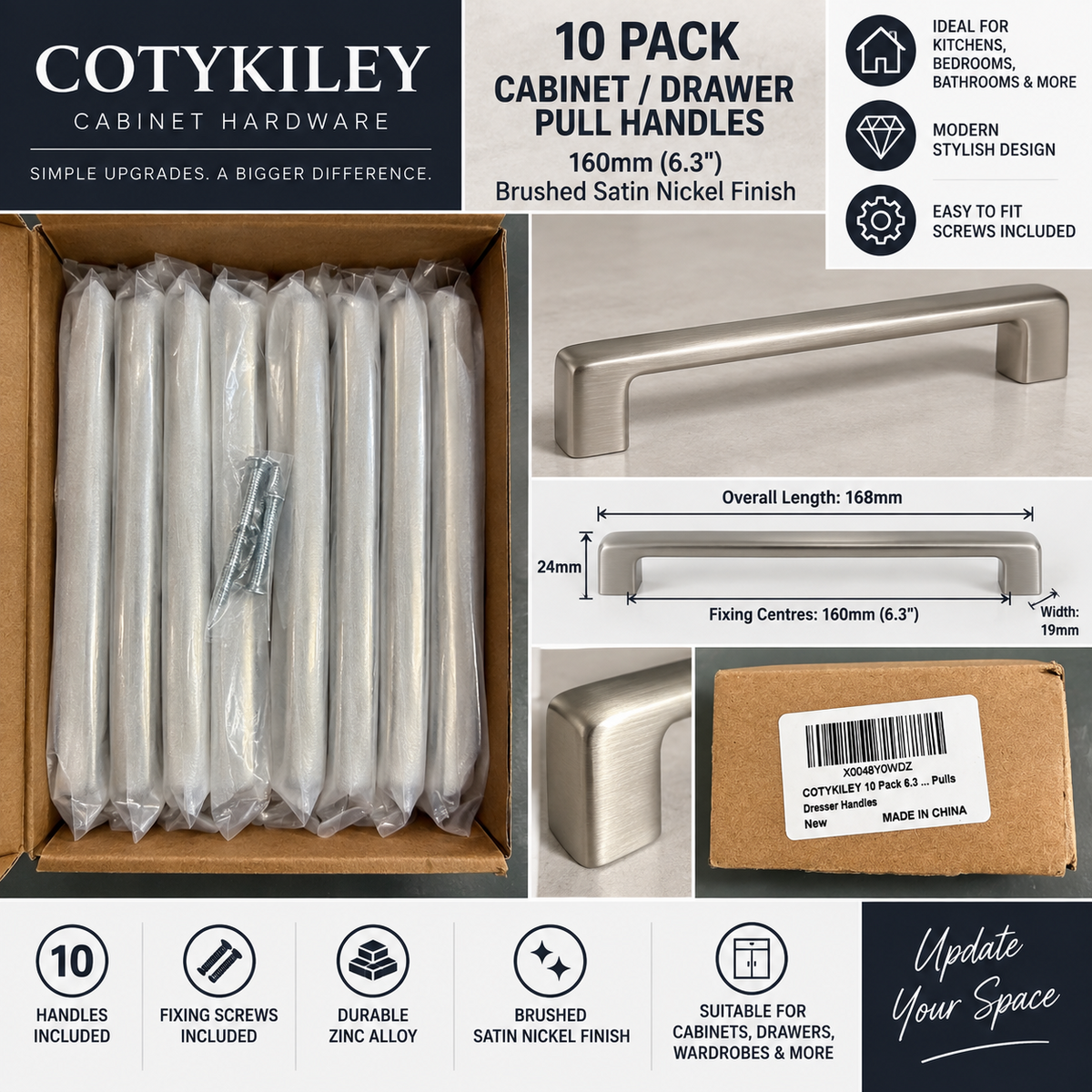 COTYKILEY 10 Pack 160mm Brushed Satin Nickel Cabinet Drawer Handles Pulls