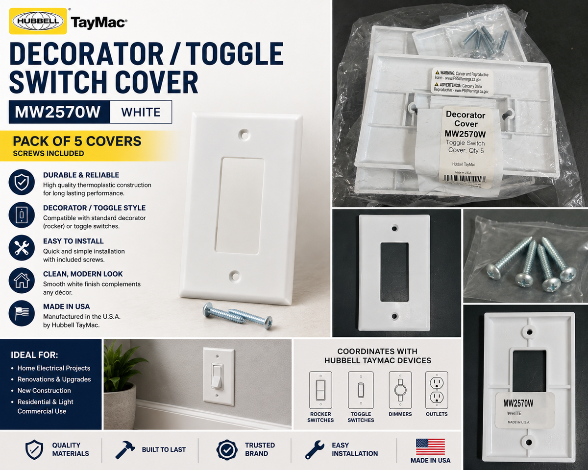 Hubbell TayMac MW2570W White Toggle Switch Decorator Covers Pack of 5 New