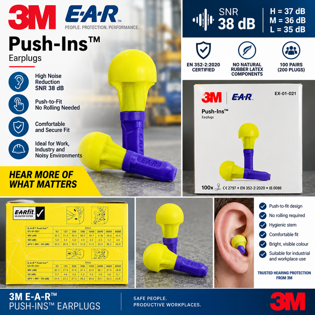 3M E-A-R Push-Ins Earplugs EX-01-021 100 Pairs SNR 38dB Hearing Protection