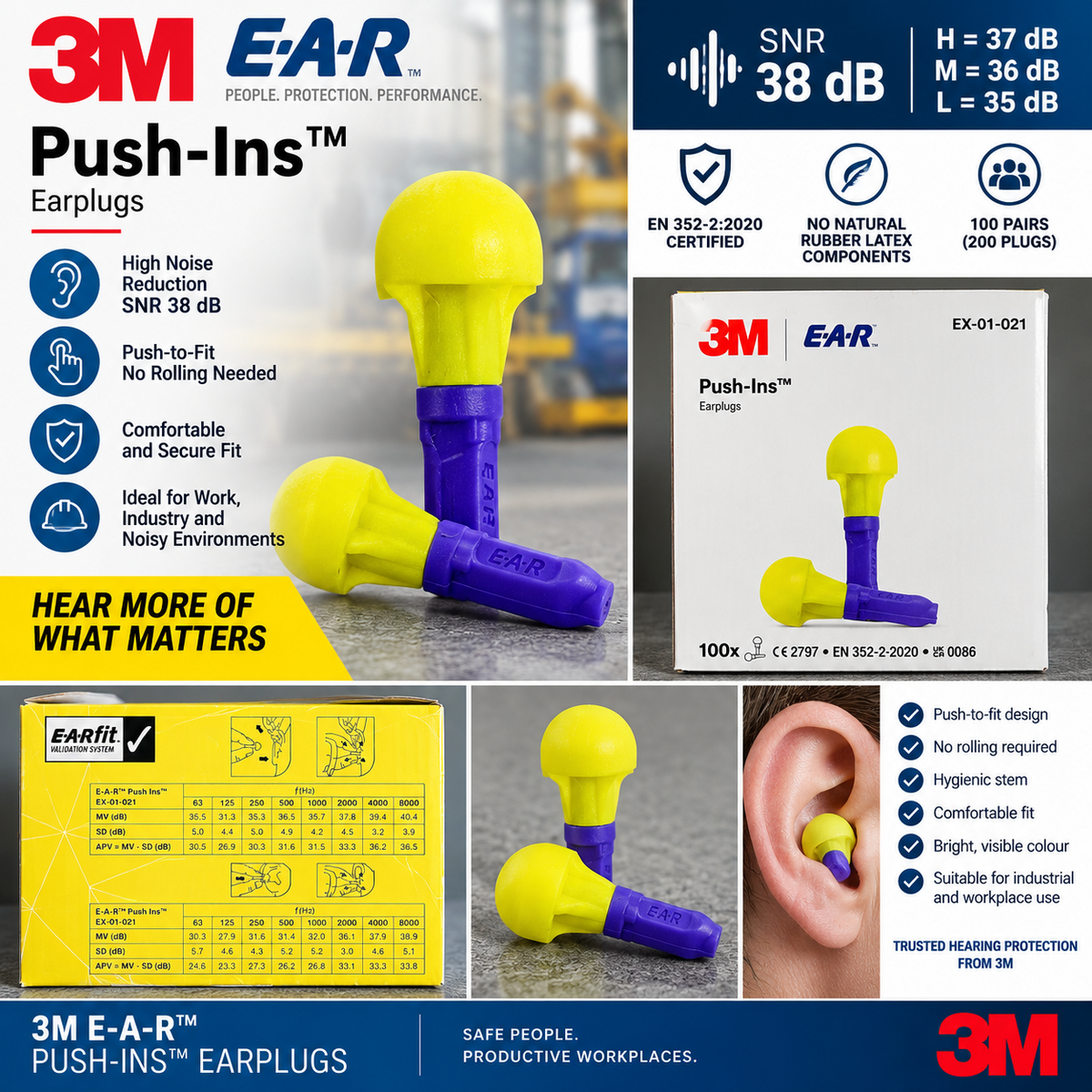 3M E-A-R Push-Ins Earplugs EX-01-021 100 Pairs SNR 38dB Hearing Protection