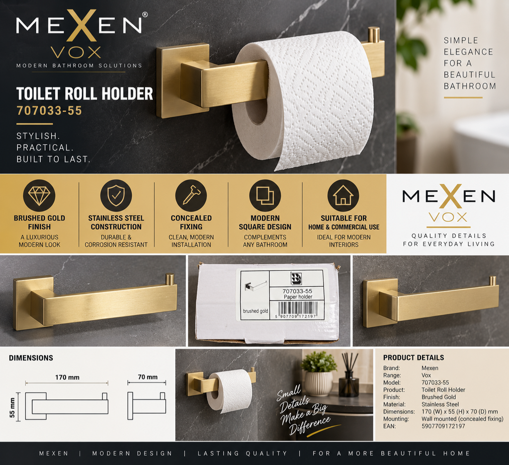 Mexen Vox 707033-55 Toilet Roll Holder Brushed Gold Stainless Steel Modern