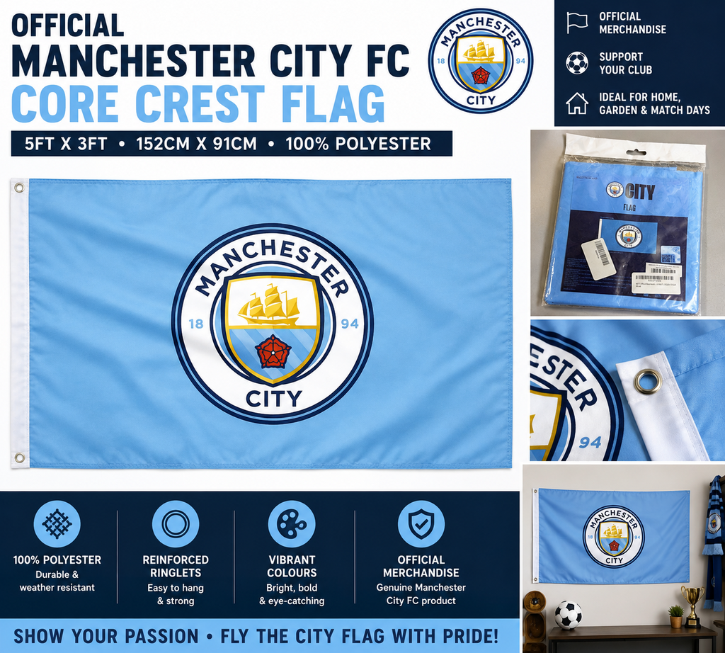 Official Manchester City FC Core Crest Flag 5ft x 3ft 152x91cm Man City New