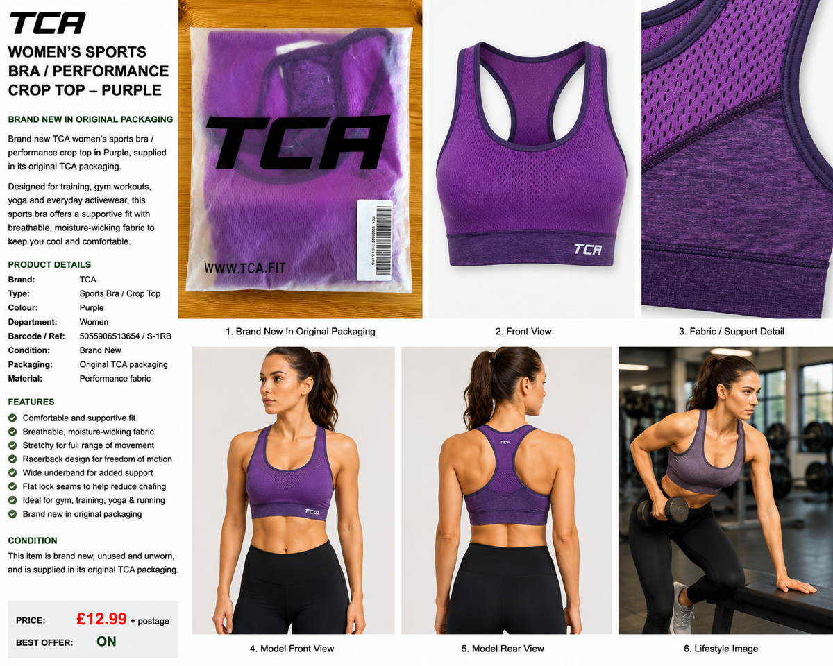 TCA Women’s Purple Sports Bra Performance Crop Top Brand New Gym Fitness