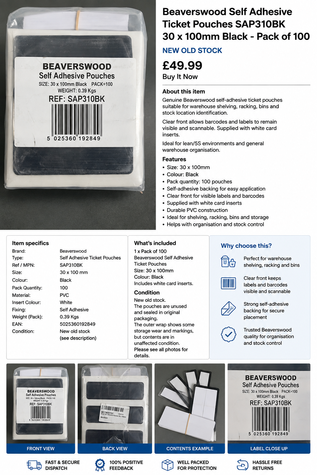 Beaverswood SAP310BK Self Adhesive Ticket Pouches 30 x 100mm Black Pack 100